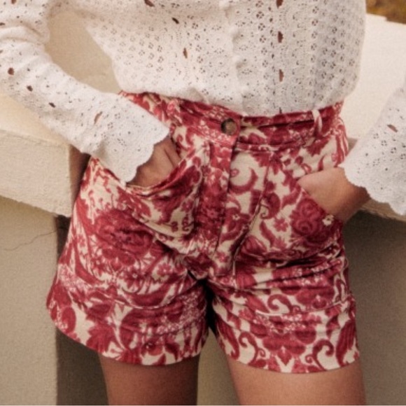 SEZANE NWT Red Pink & Cream Floral Printed Linen High Waisted Alberello Shorts